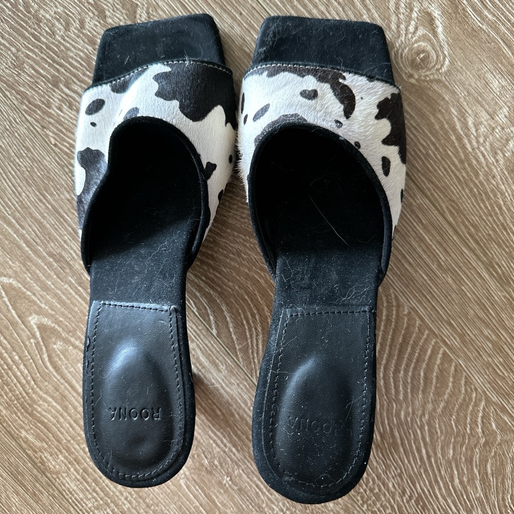 White Cow Print Mules